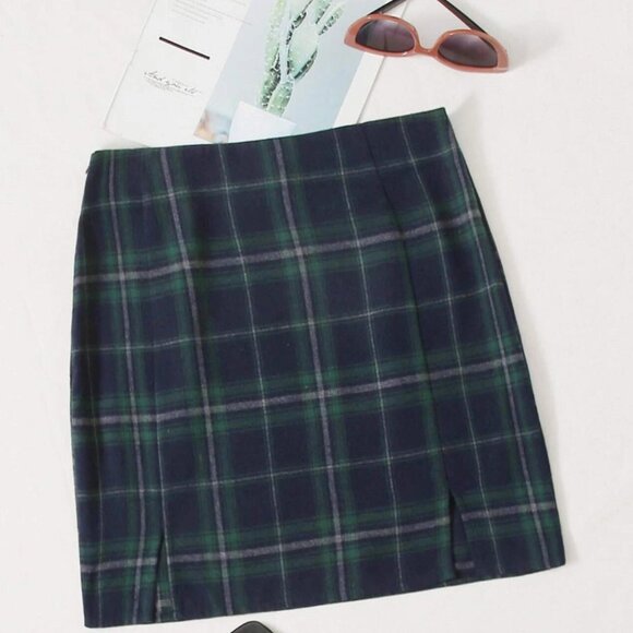 Double Slit Plaid Mini Skirt - Picture 1 of 4